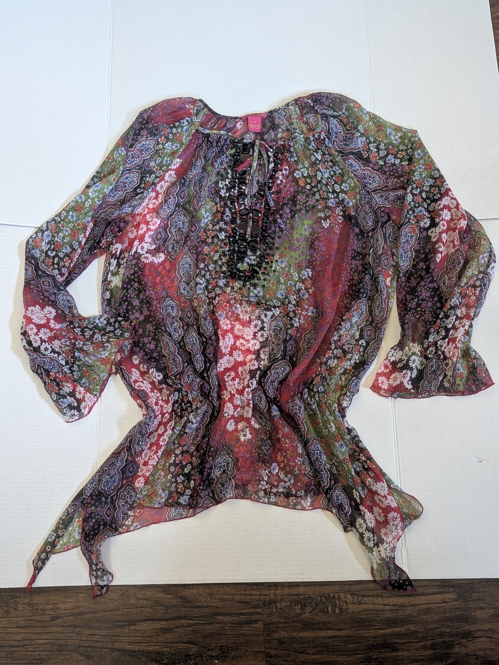 Sunny Leigh Lace-Up Boho Floral Patchwork Blouse - Red, Green, Black